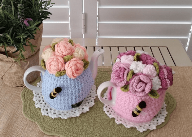 Rose Garden Bouquet Tea Cosy Crochet Pattern by T Bee Cosy Designs