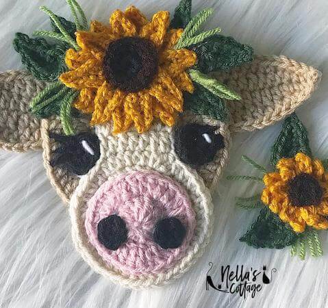 Crochet Boho Cow Appliqué Pattern by Nella's Cottage