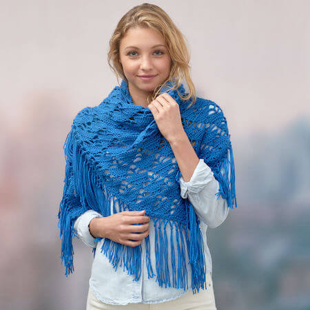 crocheted royal blue wool blend Large fringes rectangular shawl