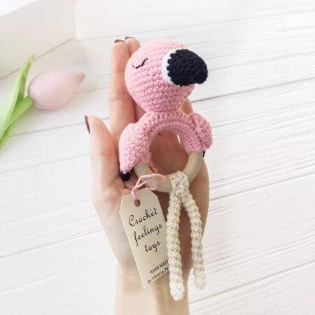 Crochet Flamingo Baby Rattle Pattern by Crochet Feelings Toys