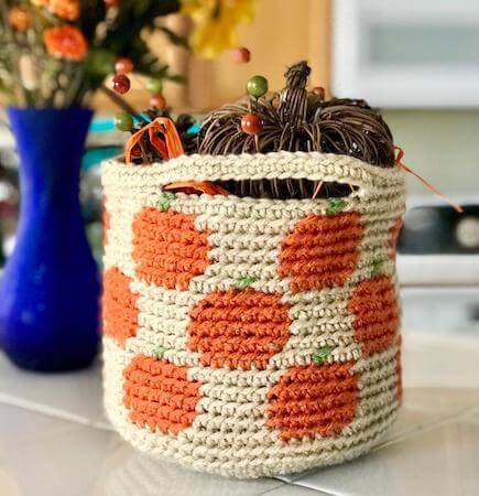 Tapestry Crochet Pumpkin Basket Pattern by Desert Blossom Crafts