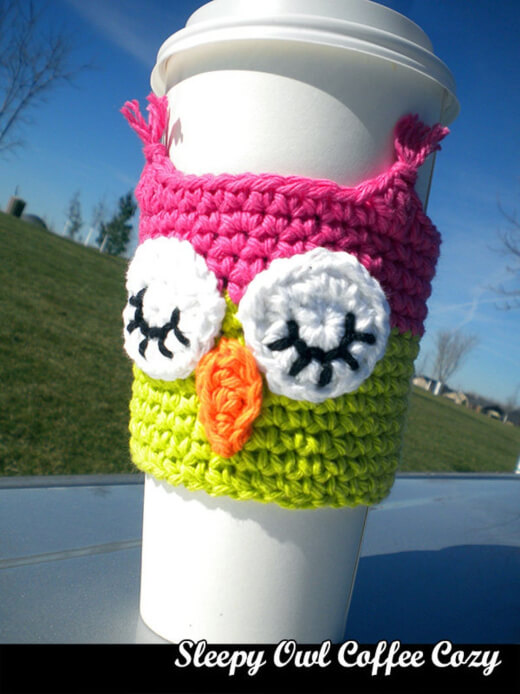 Sleep Owl Crochet Coffee Cozy Pattern by Aunt Janet's Designs