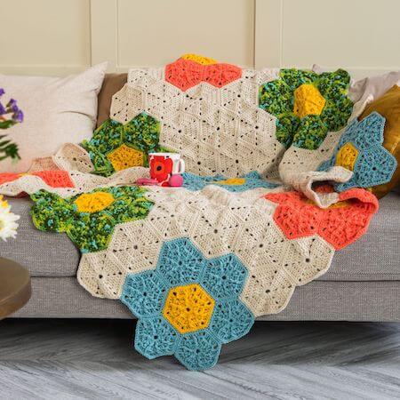 Crochet Flower Blanket Patch Throw Pattern by Yarnspirations