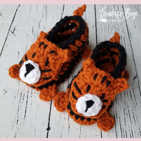 Crochet Tiger Baby Booties Pattern by Traverse Bay Crochet