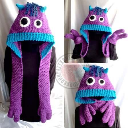Snuggle Monsters Hooded Scarf Crochet Pattern by Hookedo Patterns