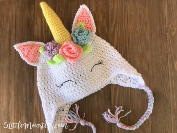 Crocheted Unicorn Hat with Flowers from 5 Little Monsters