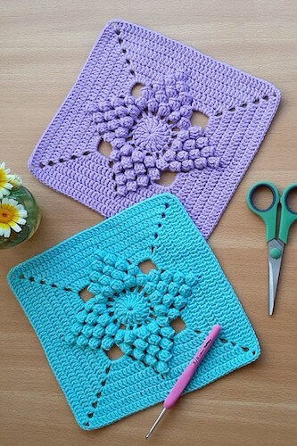 Popcorn Stitch Flower Easy Crochet Square Pattern by Yarn & Hooks