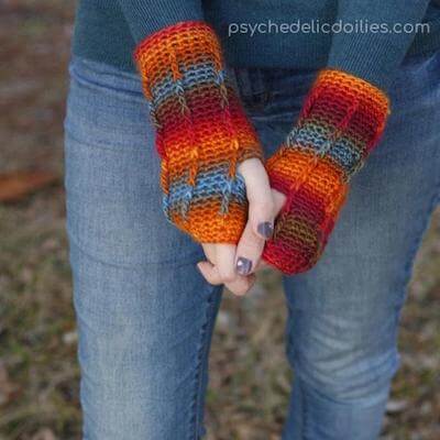 Perpetual Posts Fingerless Gloves Crochet Pattern by Pyschedelic Doilies