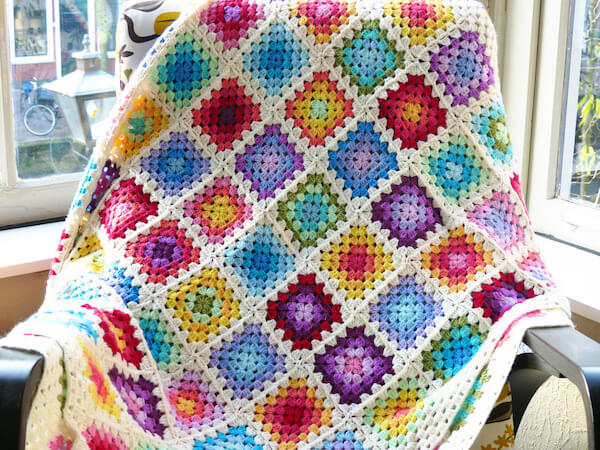 Rainbow Granny Square Blanket Crochet Pattern by Haak Maar Raak