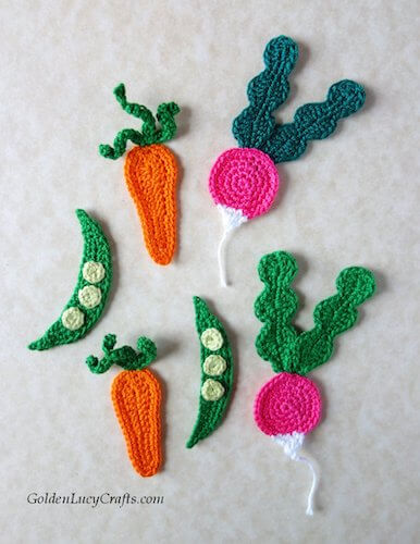  Crochet Radish, Carrot, And Pea Applique Pattern by Golden Lucy Crafts