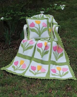 Crochet Tulip Afghan And Pillow Set Pattern by Maggie's Crochet