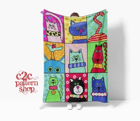 Colorful Cat Crochet Blanket Pattern by C2C Pattern Shop