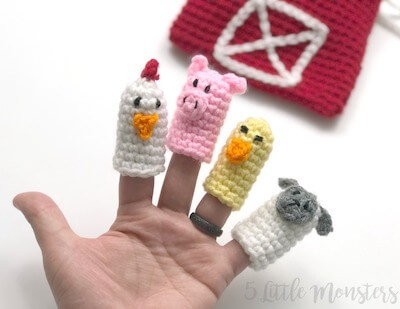 Farm Animal Finger Puppet Playset Crochet Pattern by 5 Little Monsters