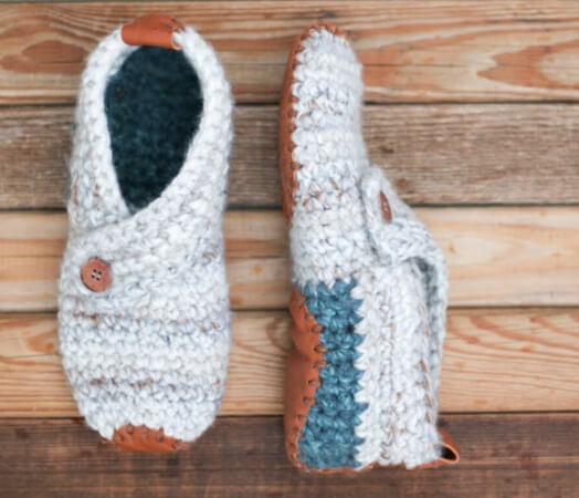 Beginner Crochet Slippers with Leather Soles Pattern by MakeAndDoCrew