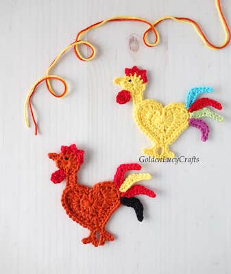 Crochet Heart Rooster Applique Pattern by Golden Lucy Crafts