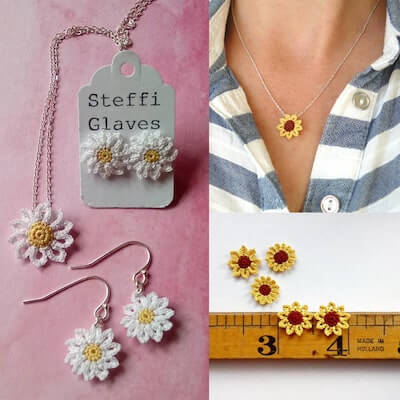 Micro Crochet Daisy And Sunflower Jewelry Pattern by Steffi Glaves