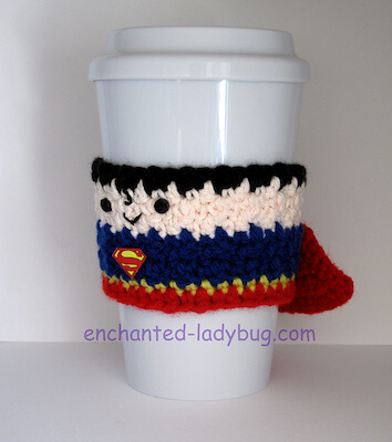 Coffee Cup Cozy Superman Crochet Pattern by The Enchanted Ladybug