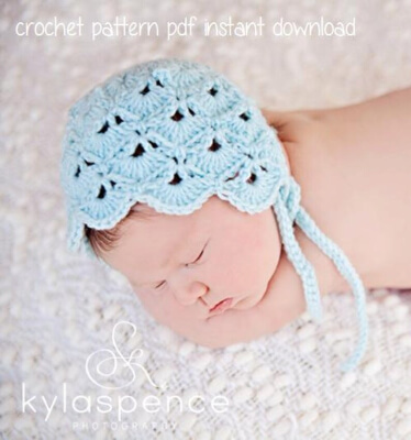 Baby Bonnet Crochet Fan and V Stitch Pattern by 4aSong