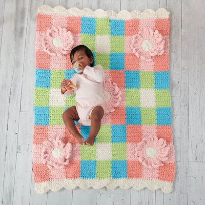 Gingham And Flowers Crochet Baby Girl Blanket Pattern by Yarnspirations