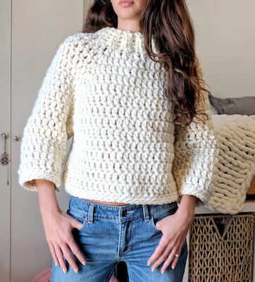 Chunky Cropped Raglan Sweater Crochet Pattern by The Snugglery Patterns