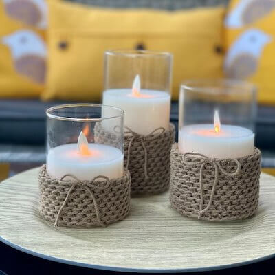 Crochet Farmhoue Candle Cozy Pattern by Ashley Edmonds