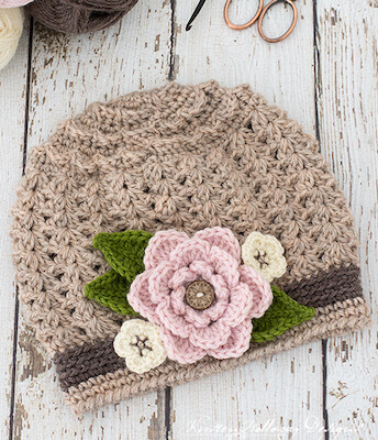 Crochet Hat With Flowers by Kirsten Holloway Designs