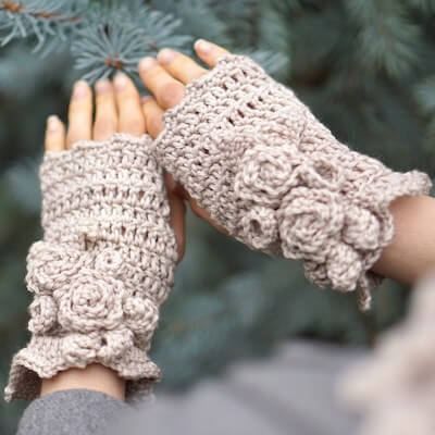 Elegant Rose Hand Warmers Crochet Pattern by Valerie Baber Designs