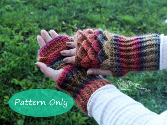 Crocodile Stitch Fingerless Gloves with Crochet Ribbing Pattern by CrownedCrochet