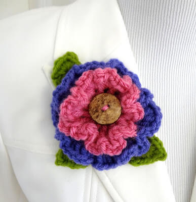 Layered Ruffle Flower Crochet Brooch Pattern by Fiber Flux