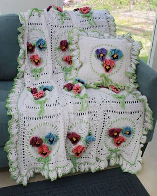 Afghan And Pillow Set Pansy Crochet Pattern by Maggie's Crochet