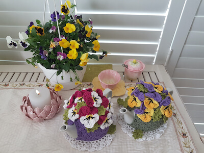 Crochet Pansy Garden Tea Cosy Pattern by TBee Cosy