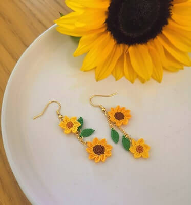 Asymmetrical Sunflower Dangle Earrings Crochet Handmade by Crochet By Alison AU