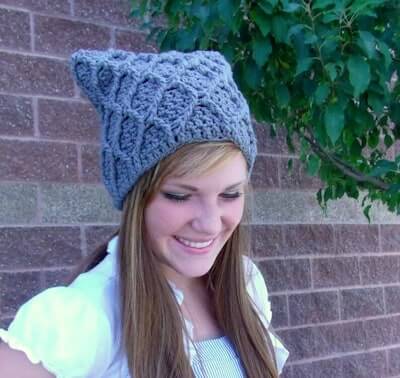 Crochet Cat Ears Cabled Beanie Pattern by Yarn Twisted