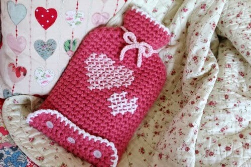 Crochet Valentine Hot Water Bottle Cover Pattern by Cherry Heart
