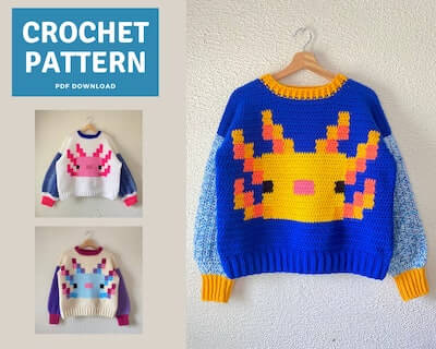 Pixel Axolotl Sweater Crochet Pattern by Officially Hooked Shop