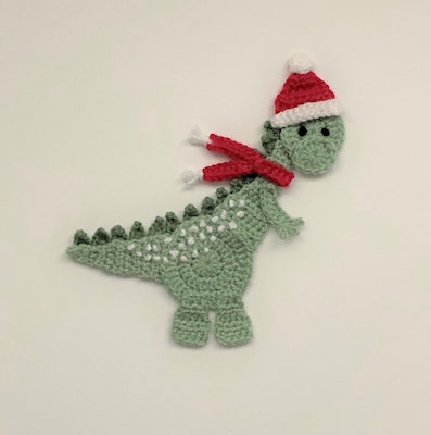 Crochet Christmas Dinosaur Applique Pattern by Wilky Wooly Designs