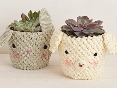 Crochet Lamb And Bunny Plant Pot Cover Pattern by Sandrine Deveze