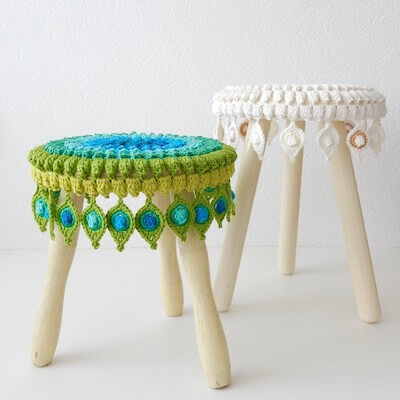 Crochet Peacock Feather Stool Cover Pattern by The Curio Crafts Room