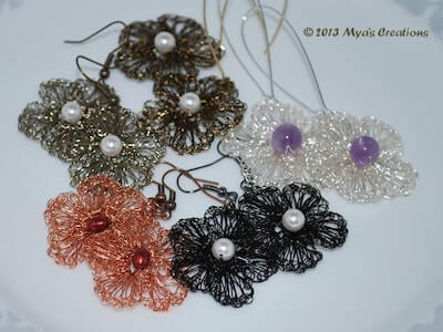 Wire Crochet Flower Earrings Pattern by Mya's Creations