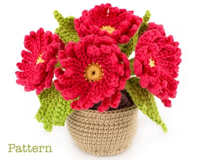 Crochet Asters Flower Pot Pattern by Jean Kris Toys