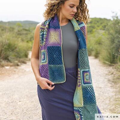 Free Granny Square Scarf Crochet Pattern by Katia