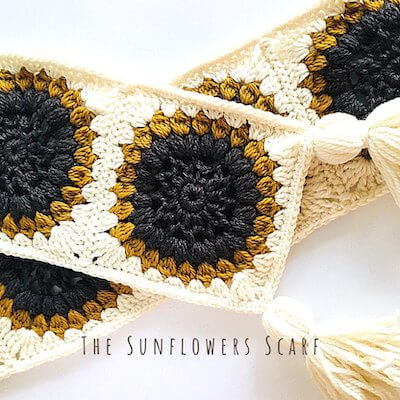 Sunflower Granny Square Crochet Scarf Pattern by Lullaby Lodge