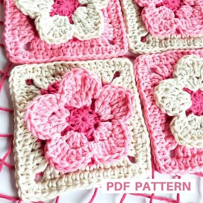 Cherry Blossom Flower Granny Square Crochet Pattern by Paula In The Cloud