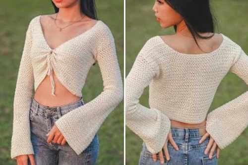 Crochet Crop Lace Cardigan with Bell Sleeves by Urbaki