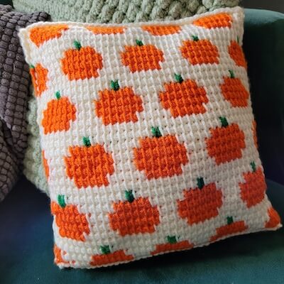 Tunisian Crochet Pumpkin Pillow Cover Pattern by Half Double Patterns