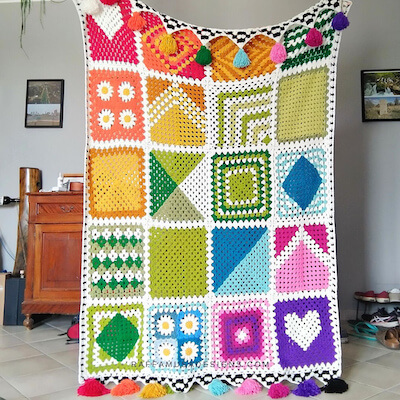 Rainbow Granny Square Blanket Crochet Pattern by Raffamusa Designs