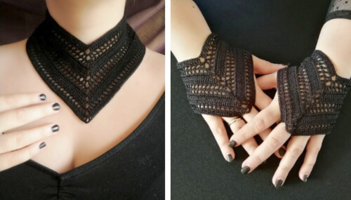 Black Gothic Crochet Patterns Lace Collar Necklace and Gloves by LunarStill