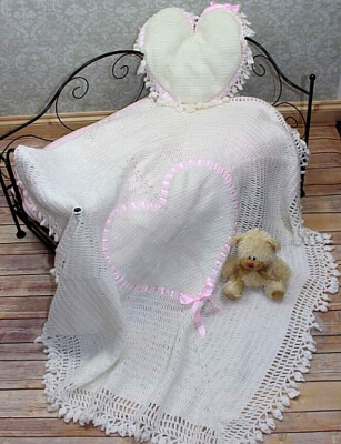 Heart Christening Baby Shawl & Cushion Pattern by ShiFio