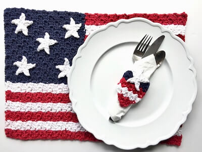 Crochet Patriotic American Flag Placemat And Napkin Ring Pattern by Nana's Crafty Home