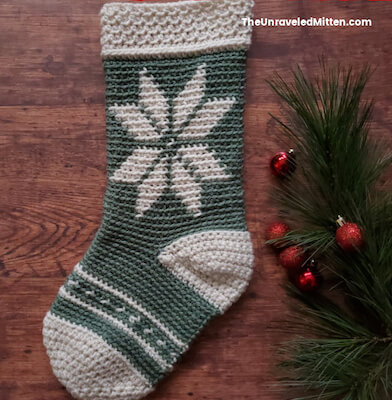 Nordic Snowflake Fair Isle Christmas Stocking Pattern by The Unraveled Mitten